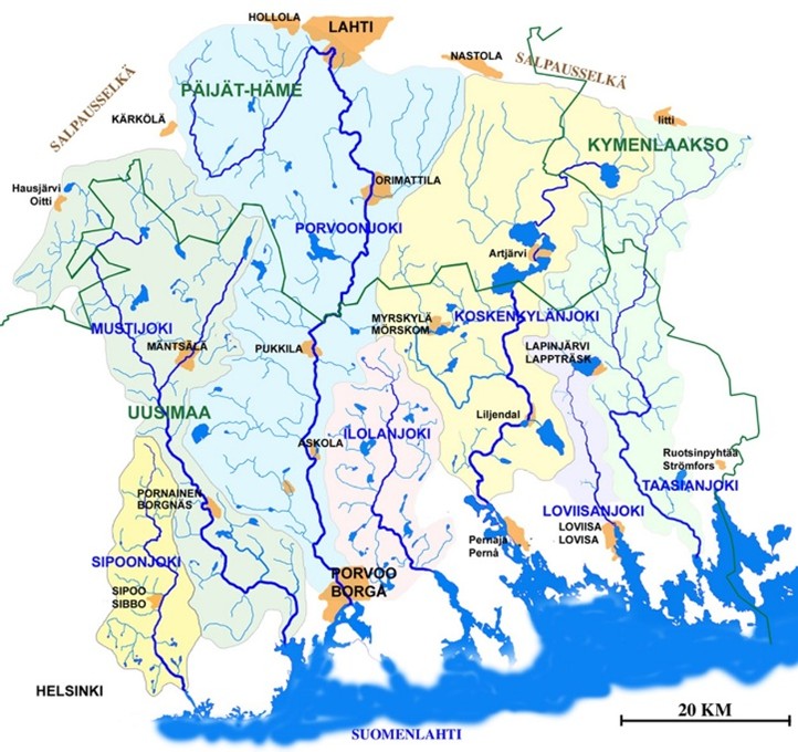 Kuvassa on kartta alueesta, joka on Itä-Uudenmaan ja Porvoonjoen vesien- ja ilmansuojeluyhdistyksen toimialue. Siihen kuuluu 7 suurta jokea: Sipoonjoki, Mustijoki, Porvoonjoki, Ilolanjoki, Koskenkylänjoki, Loviisanjoki, Taasianjoki.